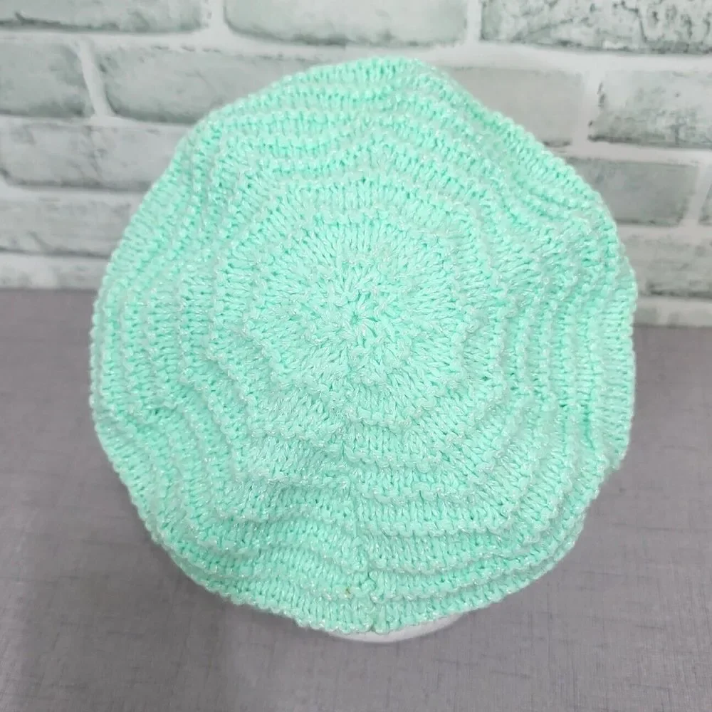 Vintage 70s Handmade Mint Green Metallic Glitter Ribbed Knit Beret Hat Hippie‎
